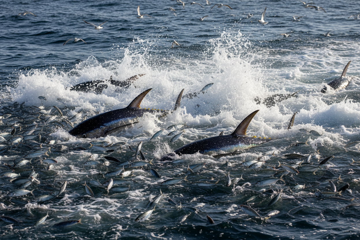 tunafish on the surface chasing bait